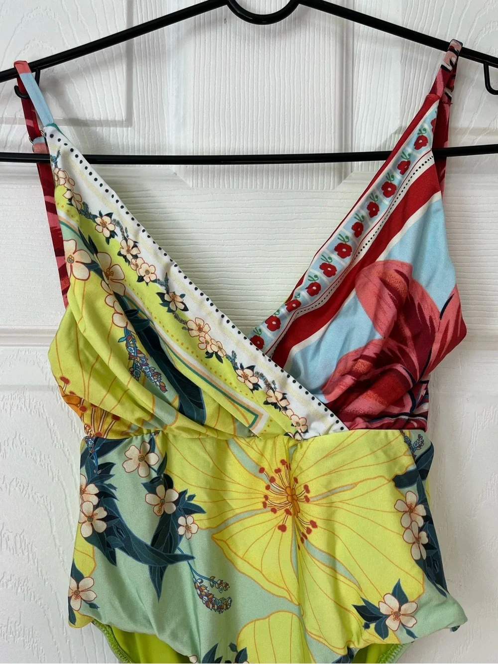 Farm Rio Yellow Floral Wrap V-Neck One Piece Swimsuit XS